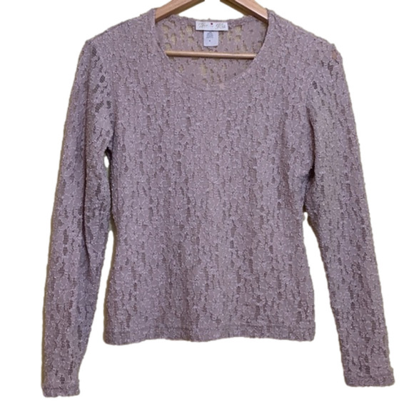 Glu-Glu Tops - Glu-Glu || Tan Nude Embroidered Floral Lace Sheer Long Sleeve Stretch Top M